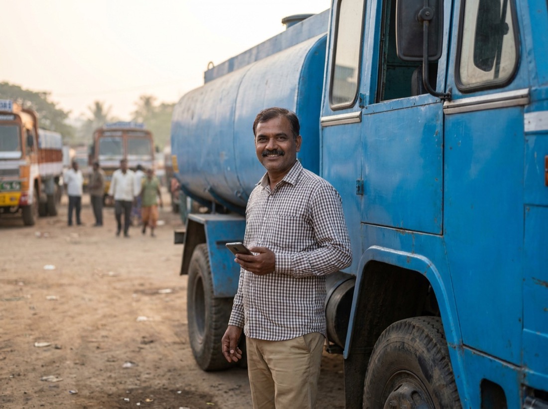 A tanker owner standing beside his blue water tanker at a depot, holding his phone.